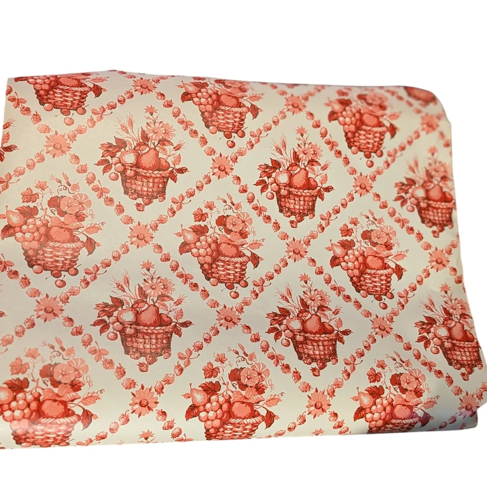 Vintage Antique French Country  Floral and Fruit Basket Art Red & Pink Wallpaper